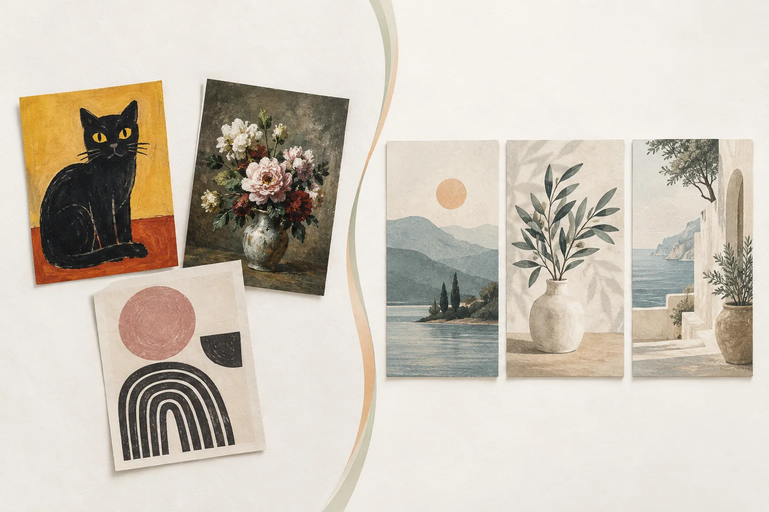 A visual comparison between mismatched individual prints and a coordinated wall-art collection