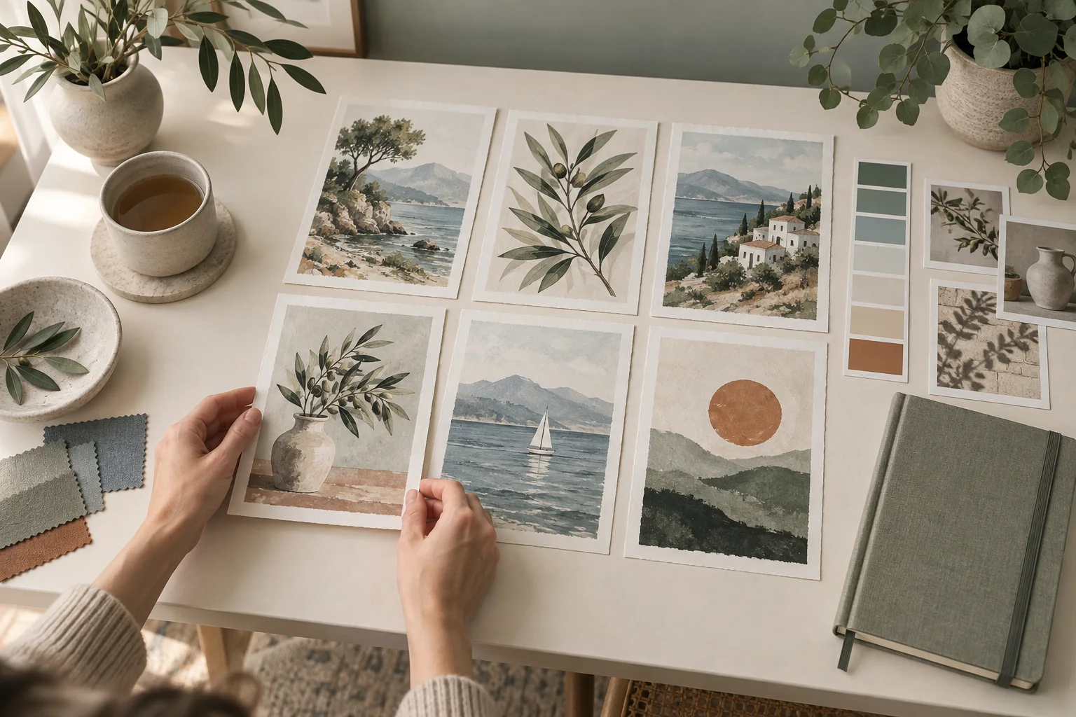 A creator arranging a coordinated six-piece wall-art collection