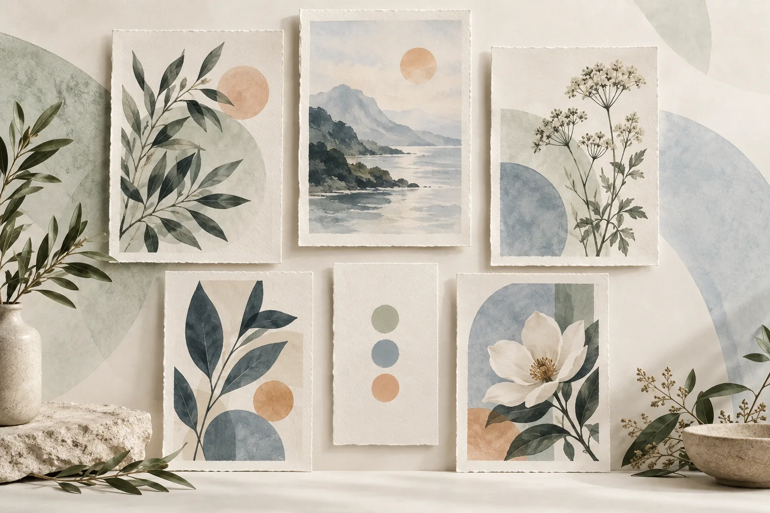 A carefully arranged coordinated wall-art collection with palette swatches
