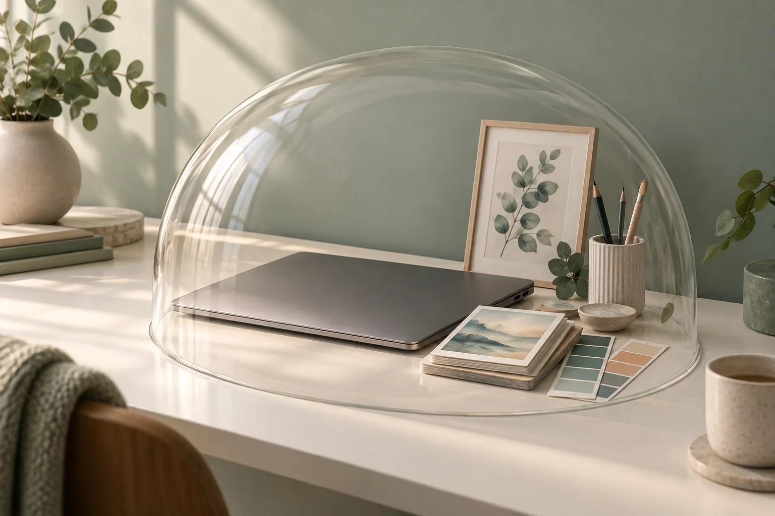 A private local creative workspace protected beneath a clear glass dome