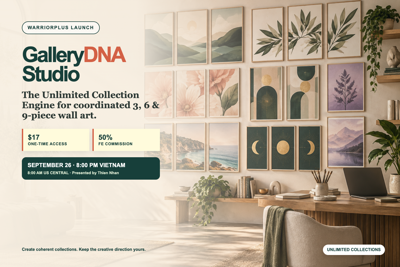 GalleryDNA Studio launch poster showing coordinated wall-art collections